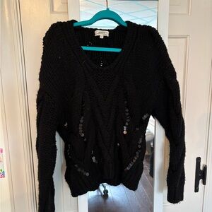 Reserved Black Sequin Cable-Knit V-Neck Sweater